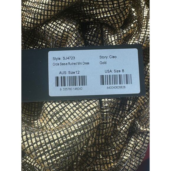 Shona Joy Cleo Circle Sleeve Ruched Mini Dress Womens 8 Gold Metallic Crepe - Picture 16 of 16